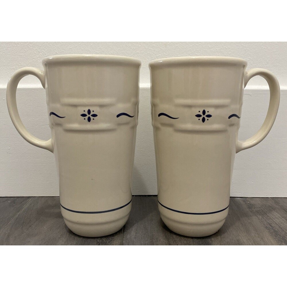 (2) Longaberger Woven Traditions Classic Blue 6¼" Vitrified Ceramic Travel Mug